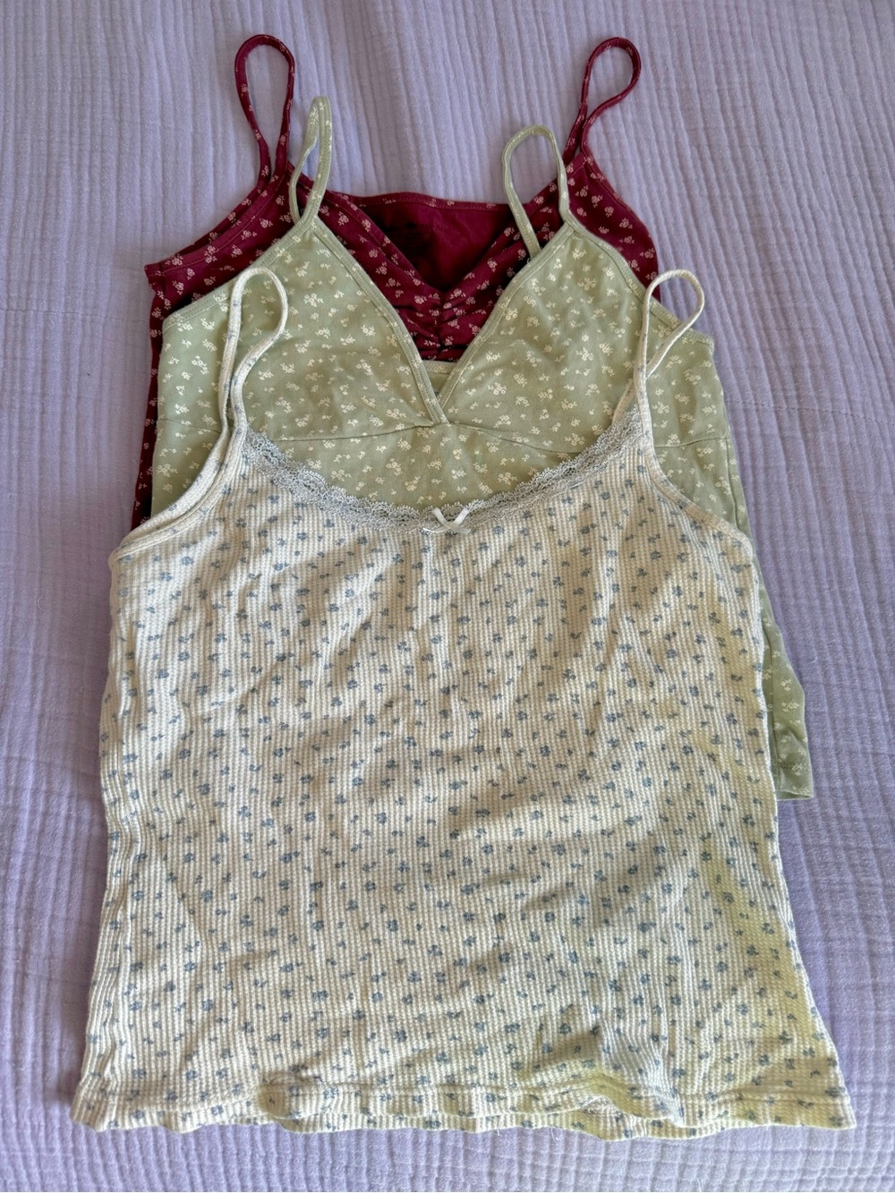Brandy Melville 3-Pack Spaghetti Strap Tanks in Cream, Sage & Burgundy